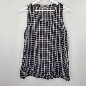 FLAX Linen Plaid Tank Top Black White Lagenlook Boho V Neck Coastal Grandma